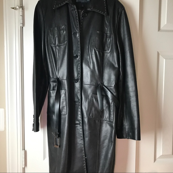 Black leather coat with white piping. - Picture 1 of 2