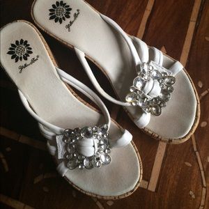 Yellow Box White Rhinestone Cork Wedge Sandal • 8