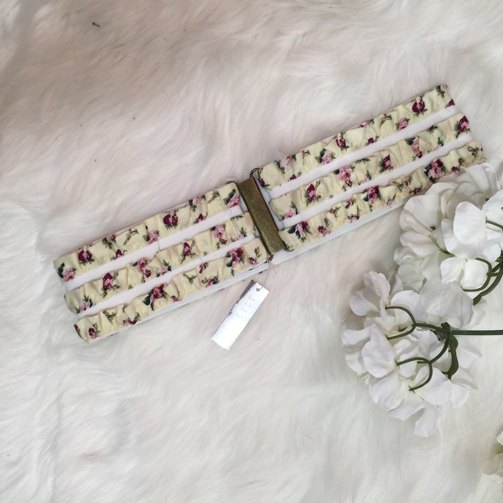 New BCBG Floral Woven Metal Clasp Waist Belt, S/M