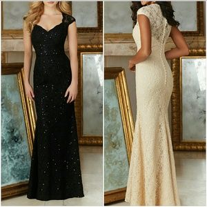 Elegant black beaded lace Mori Lee gown.