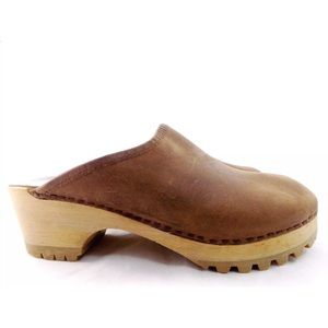 J Crew Brown Leather Platform Wooden Clogs Mules