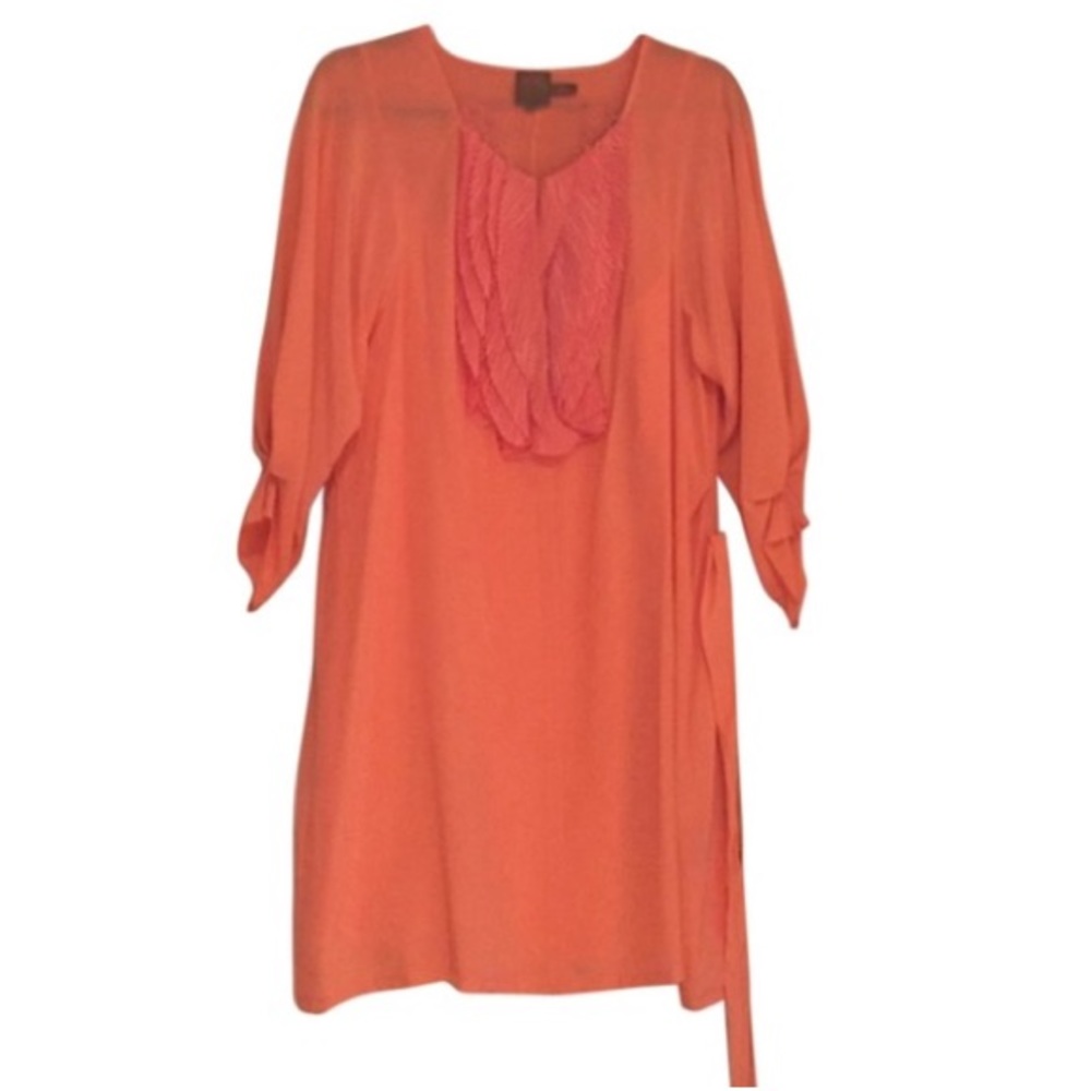 Ali Ro coral sheer dress with ruffled bib