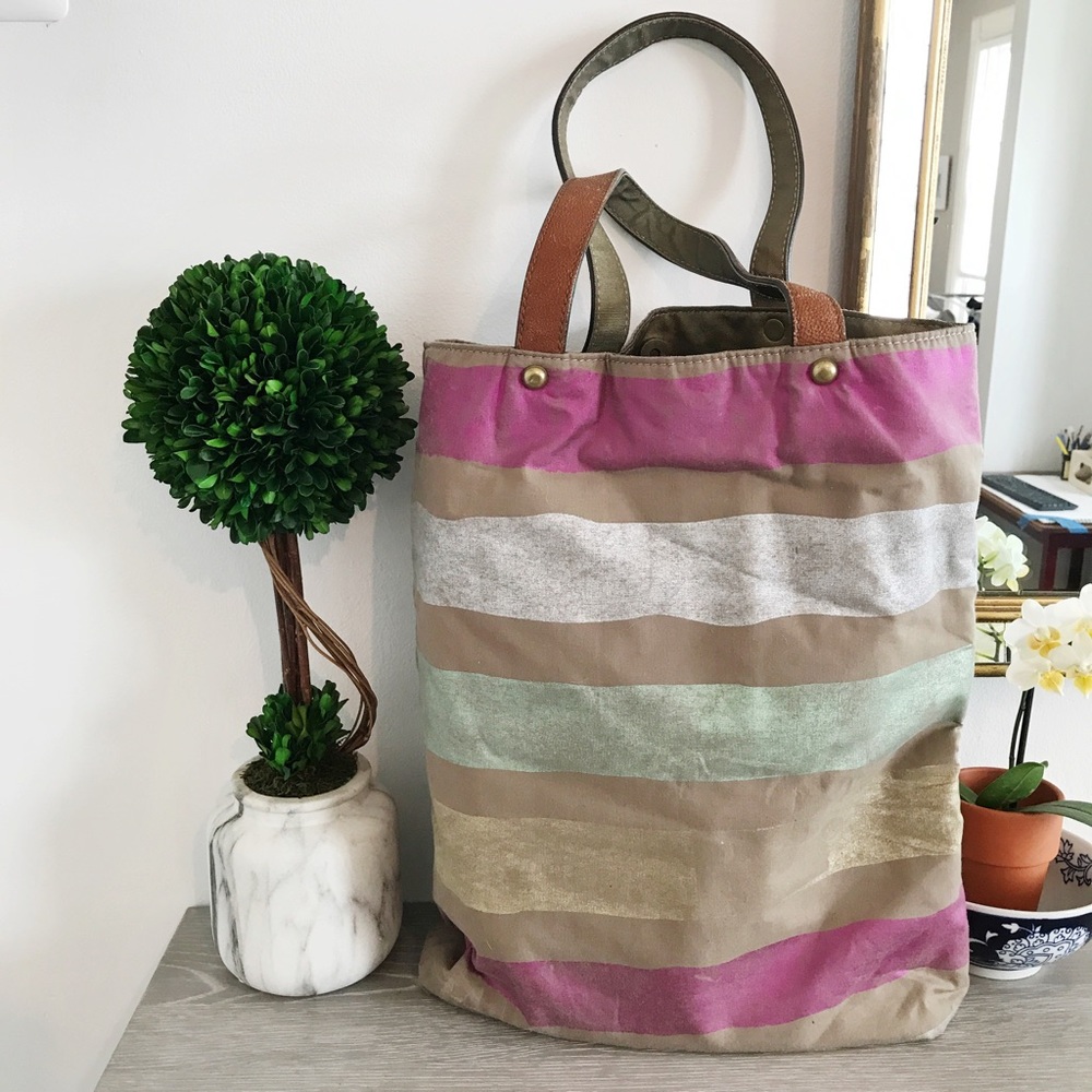 Anthropologie Metallic Painted Stripe Canvas Tote