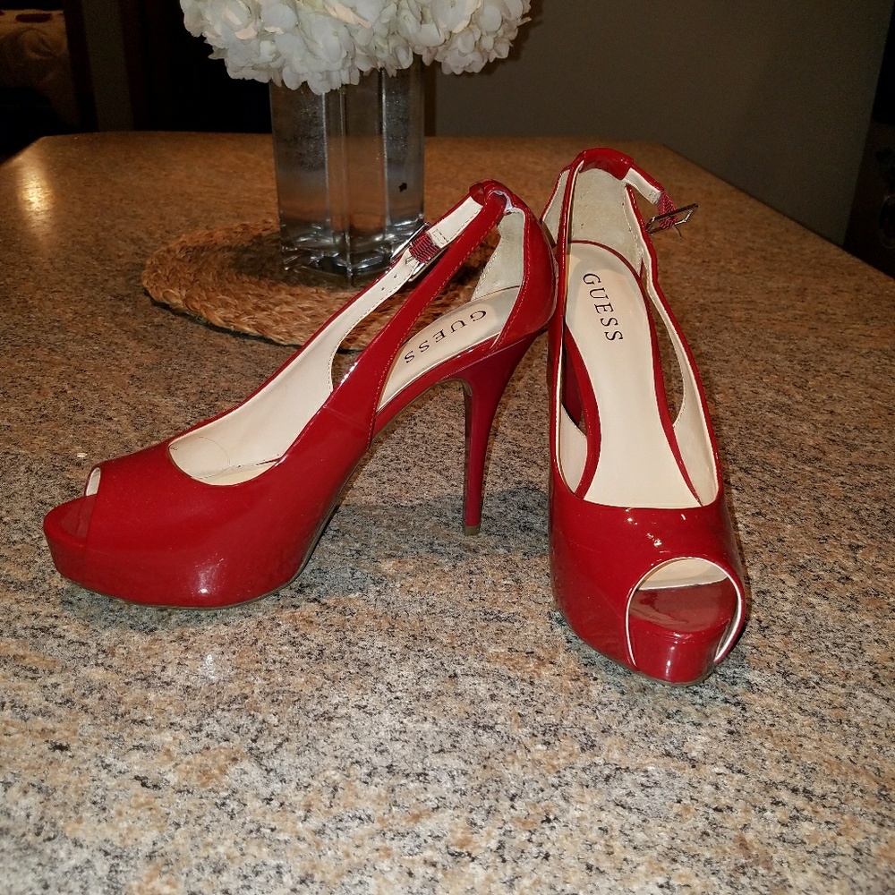 Guess Red Patent Leather Peep Toe Platform Heels
