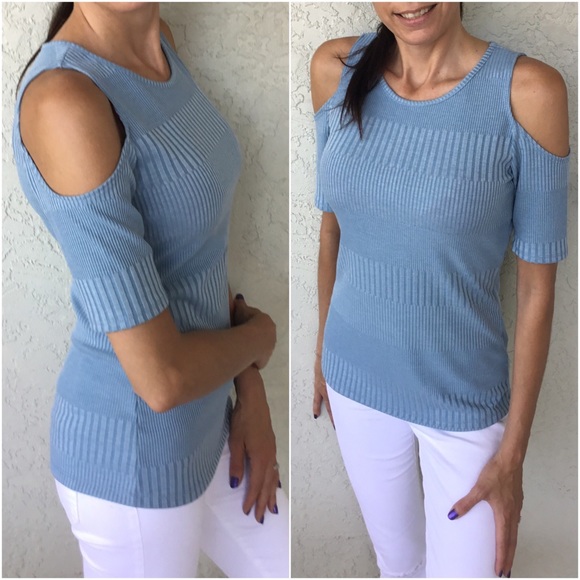 Dusty Blue Open Shoulder Top - Picture 2 of 4