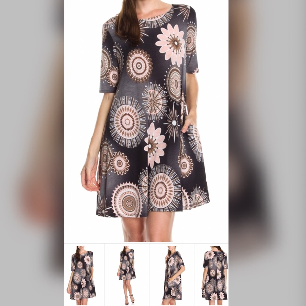 Multi Print ShortSleeve Pocket Detail Swing Dress