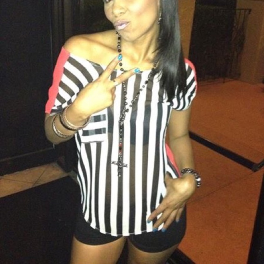 Black, White & Red stripe chiffon shirt w/back tie