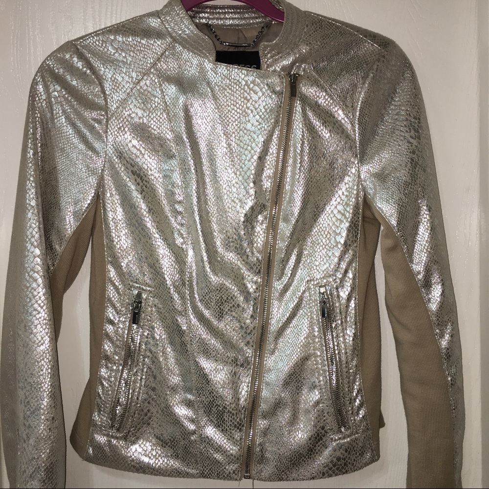 Express silver metallic snake moto jacket