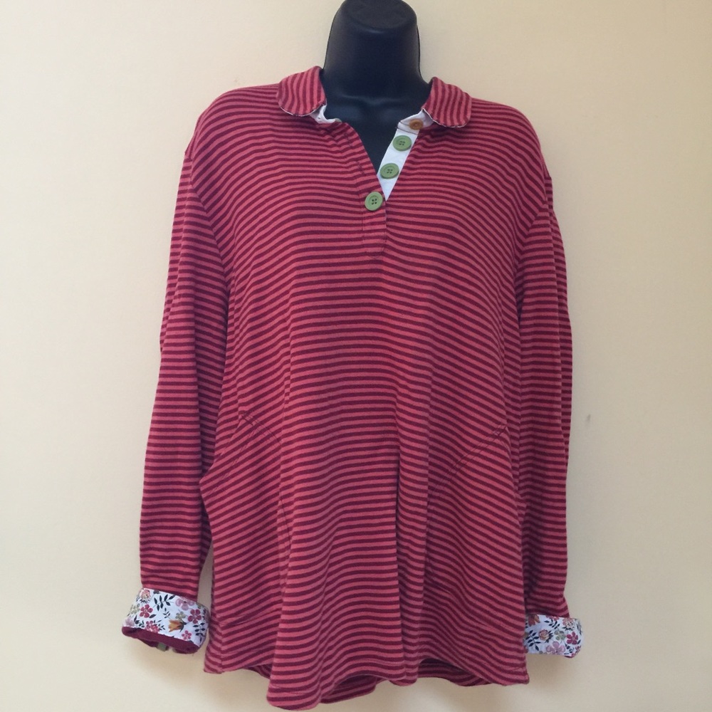 ORVIS Striped Collared Pullover Red w/ Floral Cuff