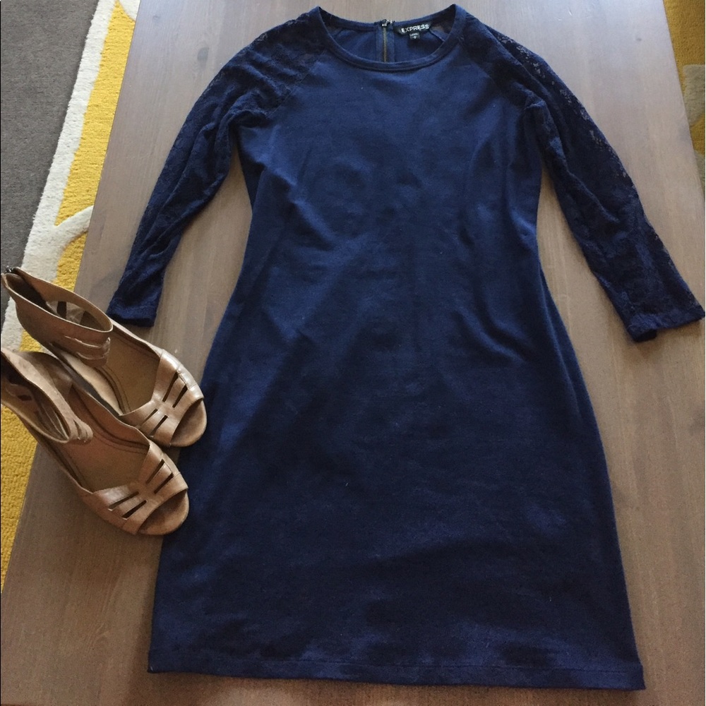 Navy Express Dress w/ Lace Sleeves
