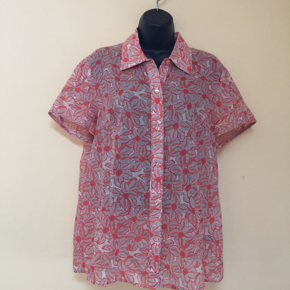 LAFAYETTE 148 Short Sleeve Orange Floral Button Up
