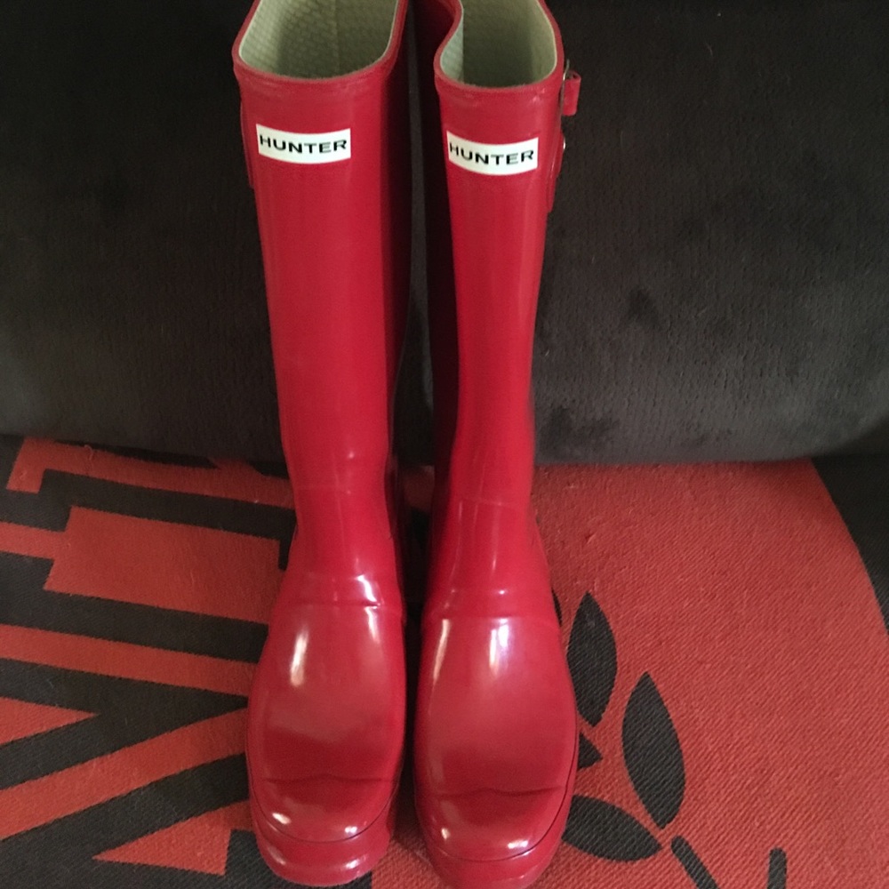 Shiny red hunter rain boots