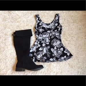 White & Black Rose Peplum Top
