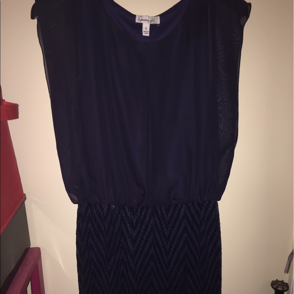 Navy dress with chevron detail