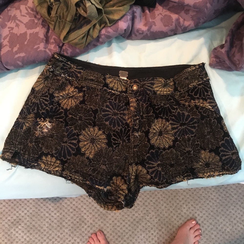 FP distressed style black and gold floral shorts