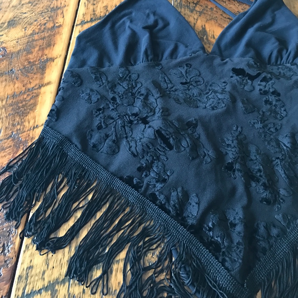 Vintage halter fringe top with velvet floral