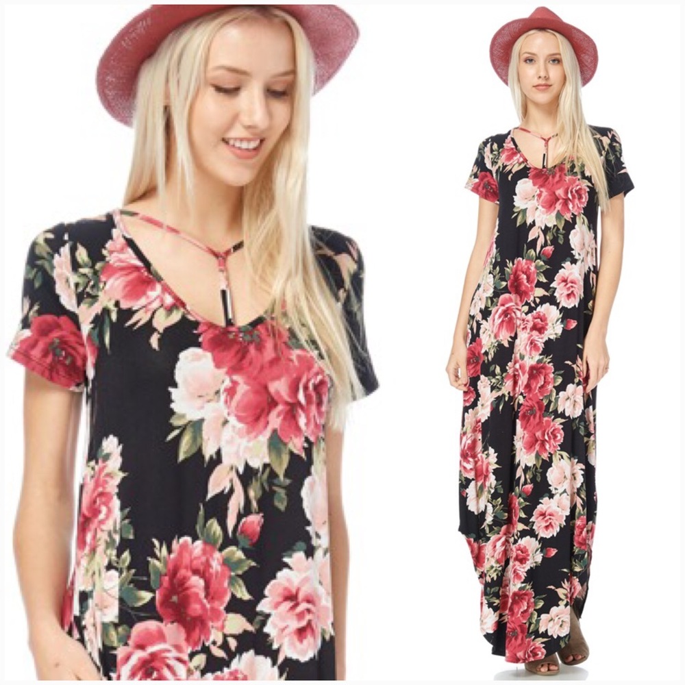 Black floral pocket maxi dress - Picture 2 of 6