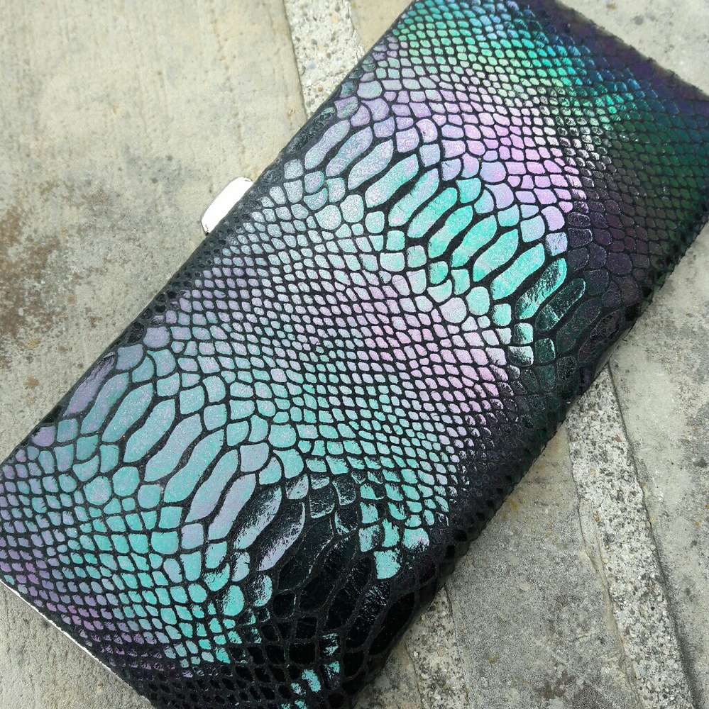 Lodis  Iridescent Snake Print Clutch
