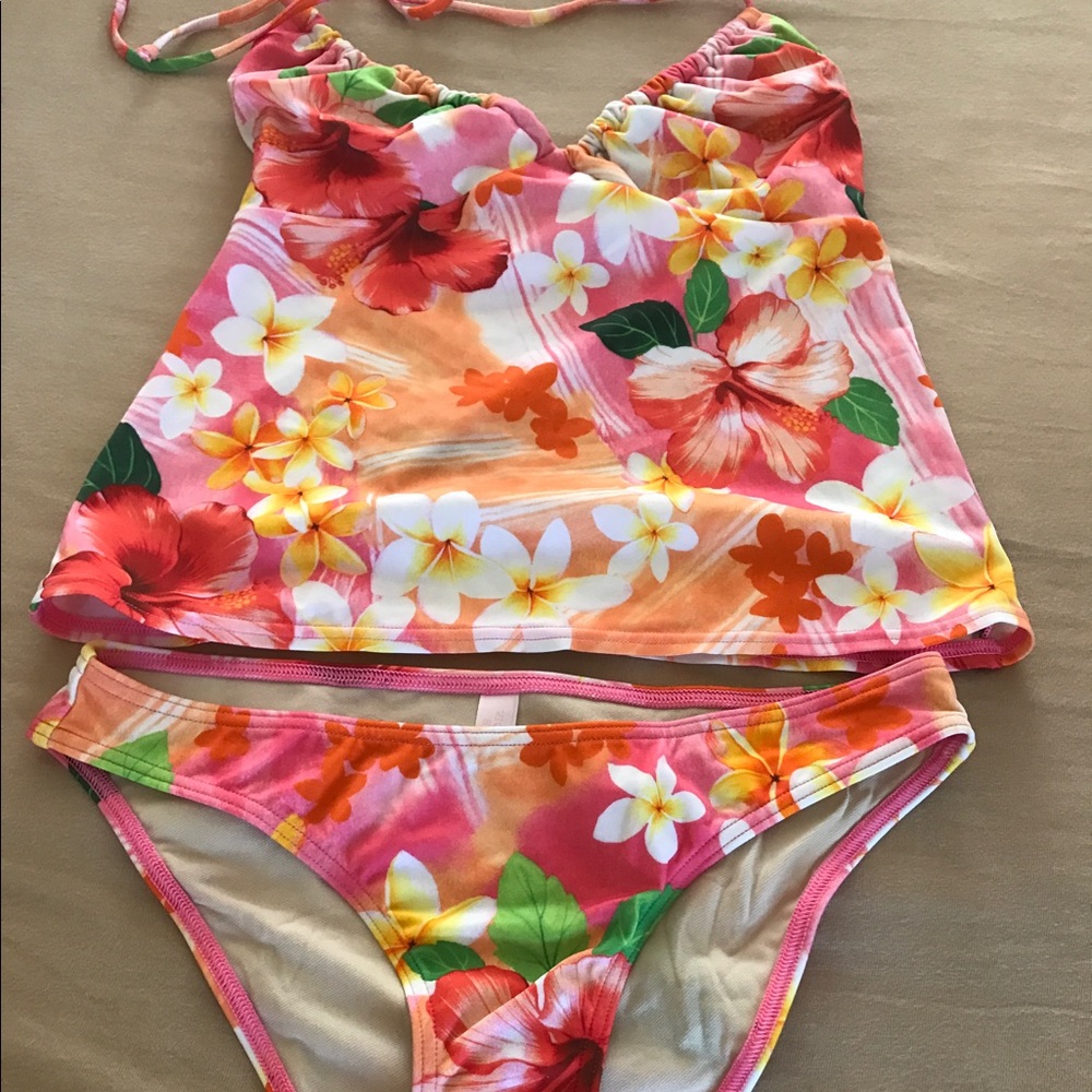 Pink floral halter tankini