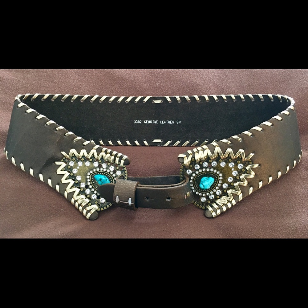 SOLD Leather Gold Rhinestone Turquoise Belt Small