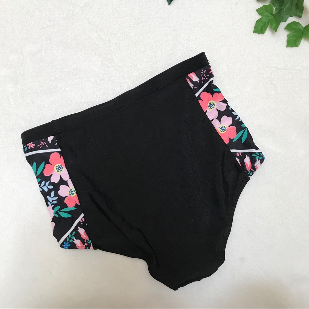 Black floral high waist bikini bottoms