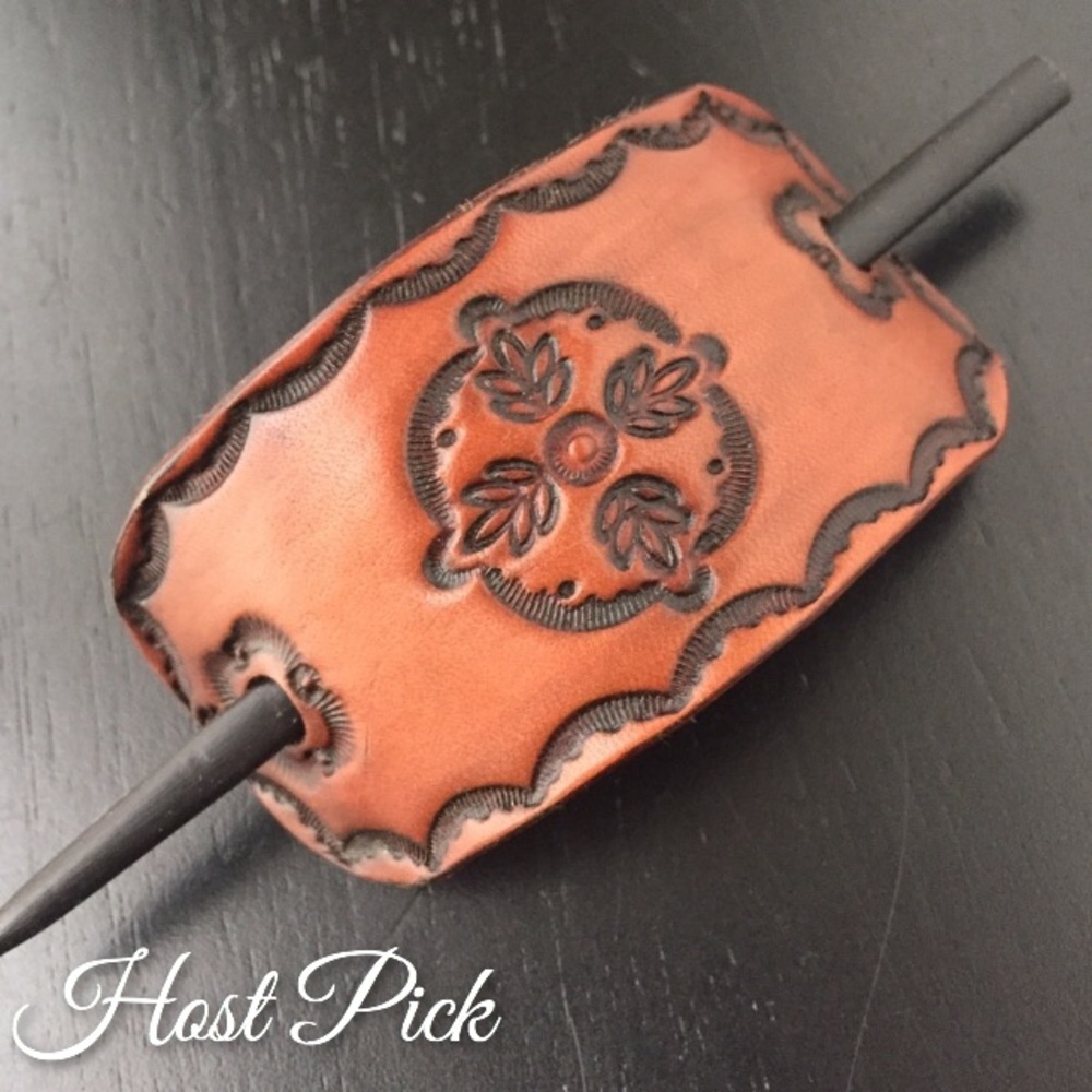 •HP• Hand Tooled Leather Hair Slide Barrette Brown