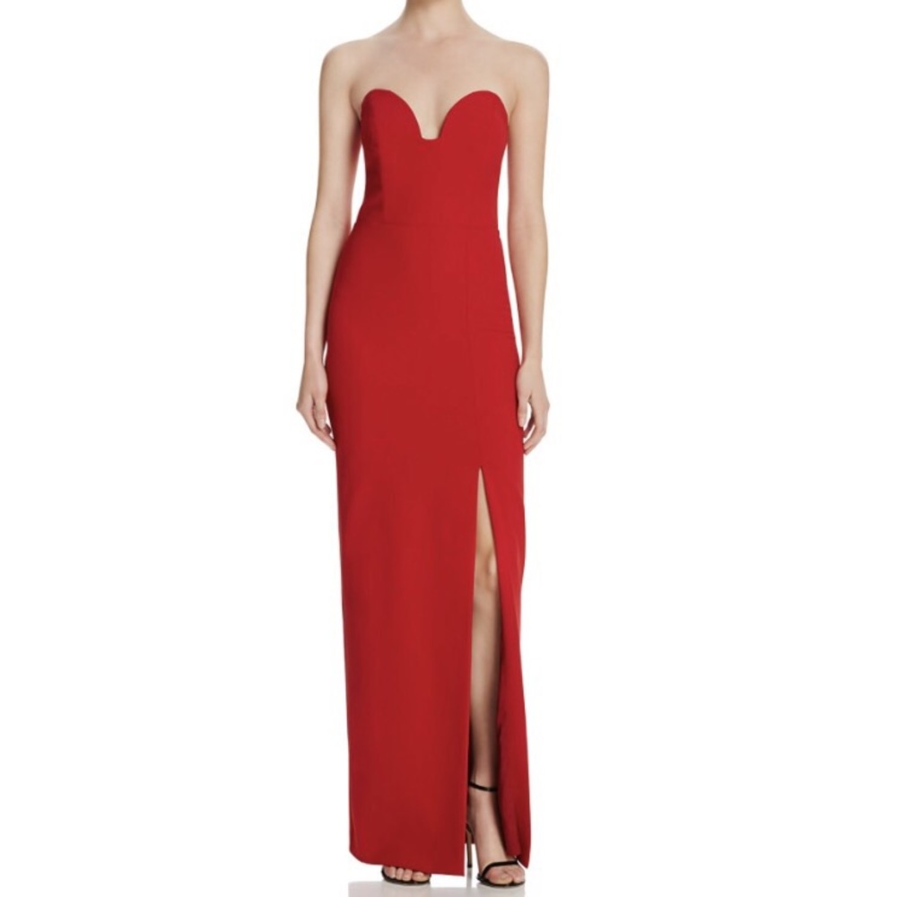 Strapless bustier formal gown with high slit