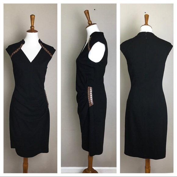 Cache Dresses & Skirts - Cache Faux Wrap Ponte Leather Trim Sheath Dress