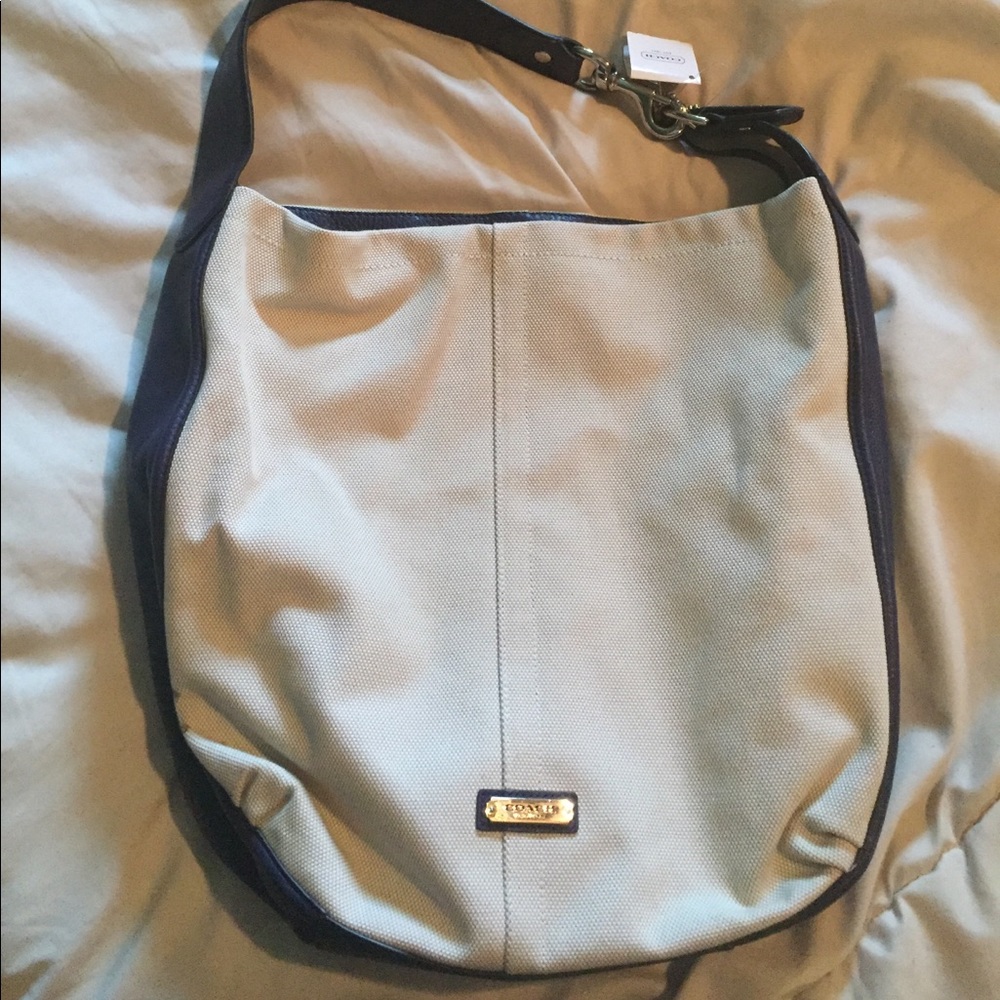 Coach neutral and indigo handbag