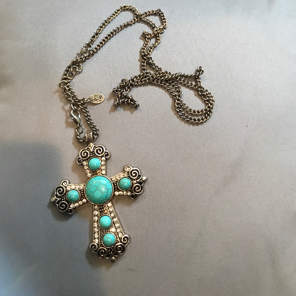 Turquoise cross long necklace