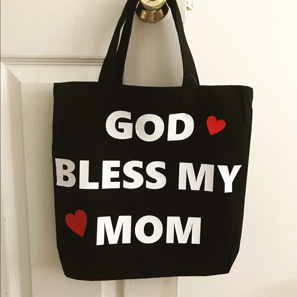 God Bless My Mom Tote bags