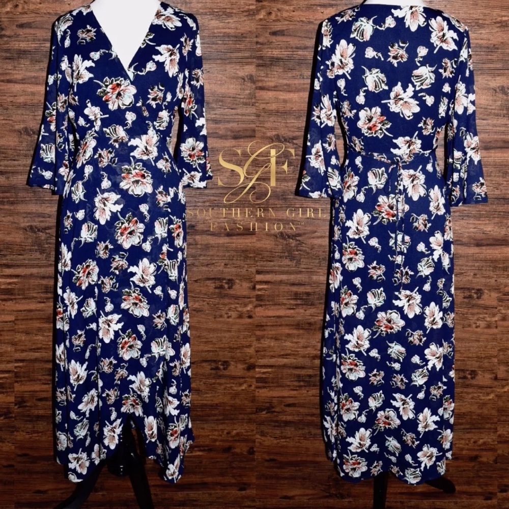 FLORAL MAXI DRESS Printed V Long Draped Wrap Gown - Picture 5 of 6
