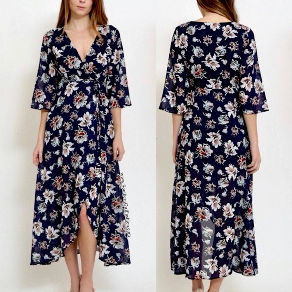 FLORAL MAXI DRESS Printed V Long Draped Wrap Gown