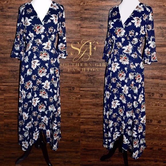 FLORAL MAXI DRESS Printed V Long Draped Wrap Gown - Picture 3 of 6