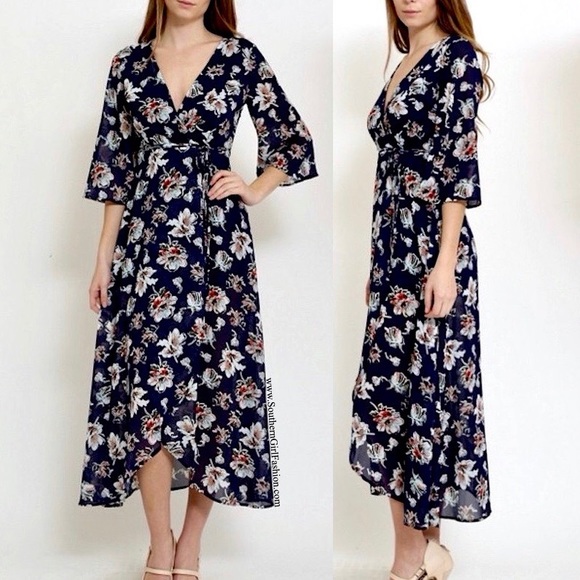 FLORAL MAXI DRESS Printed V Long Draped Wrap Gown - Picture 2 of 6