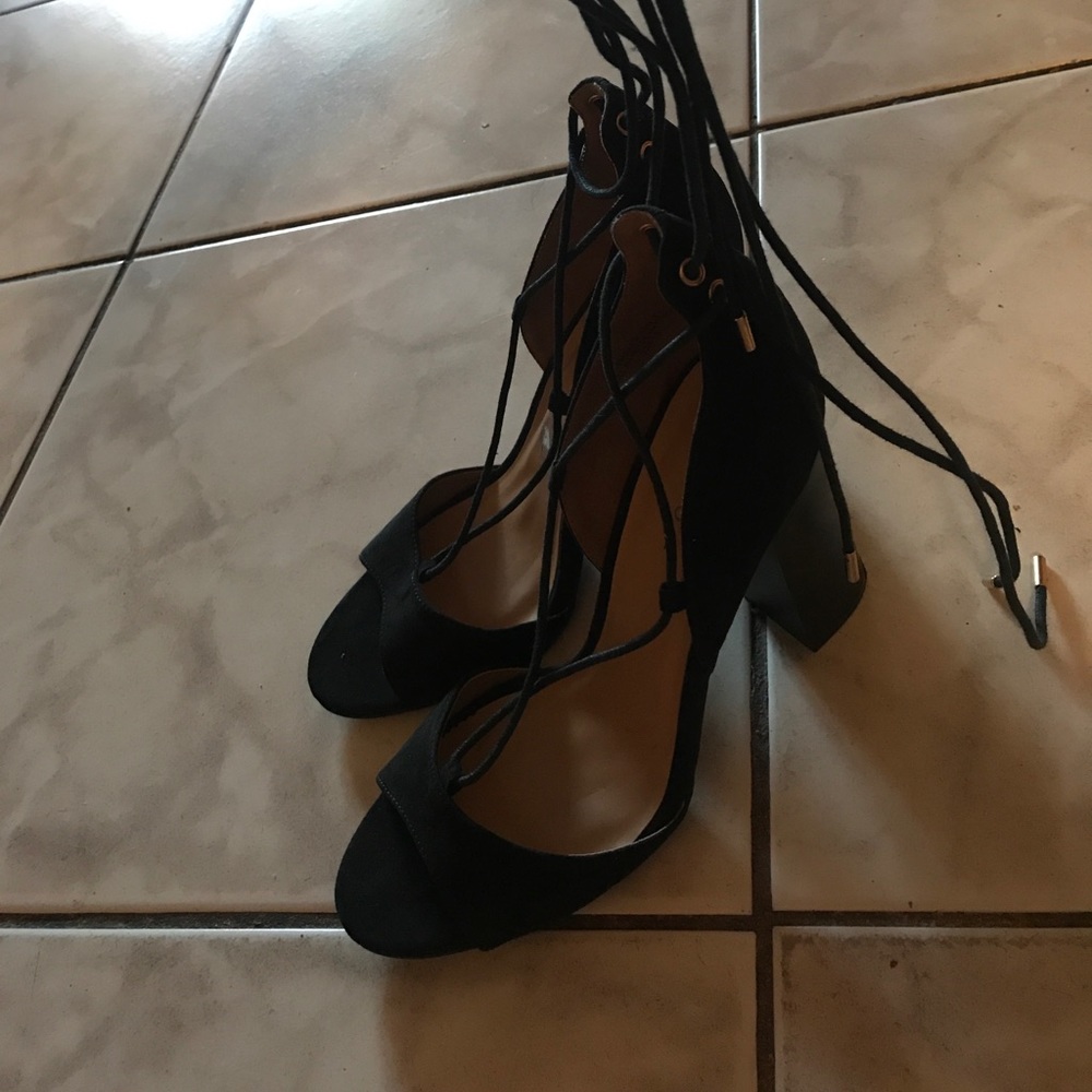 Black tie up wedge heels