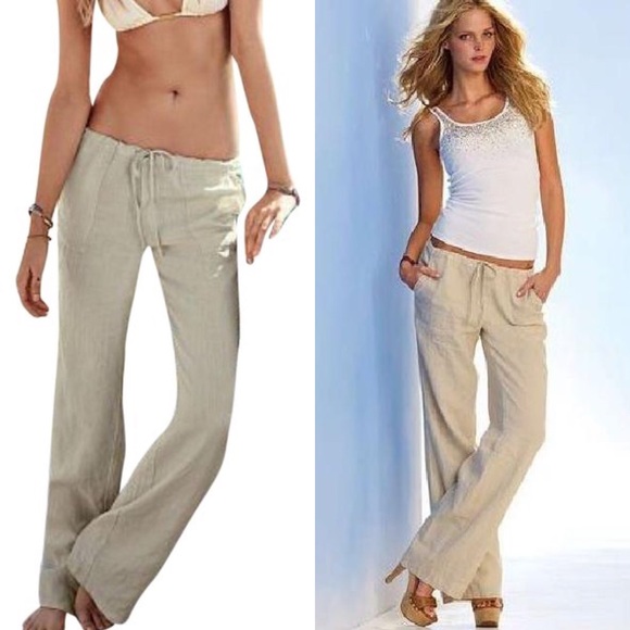womens khaki linen beach pants