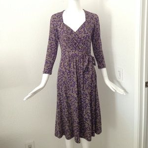 V neck stretchy floral print jersey wrap dress