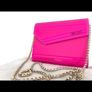JIMMY CHOO neon pink candy clutch