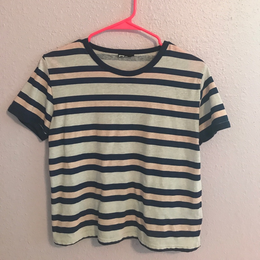navy blue and baby pink striped shirt