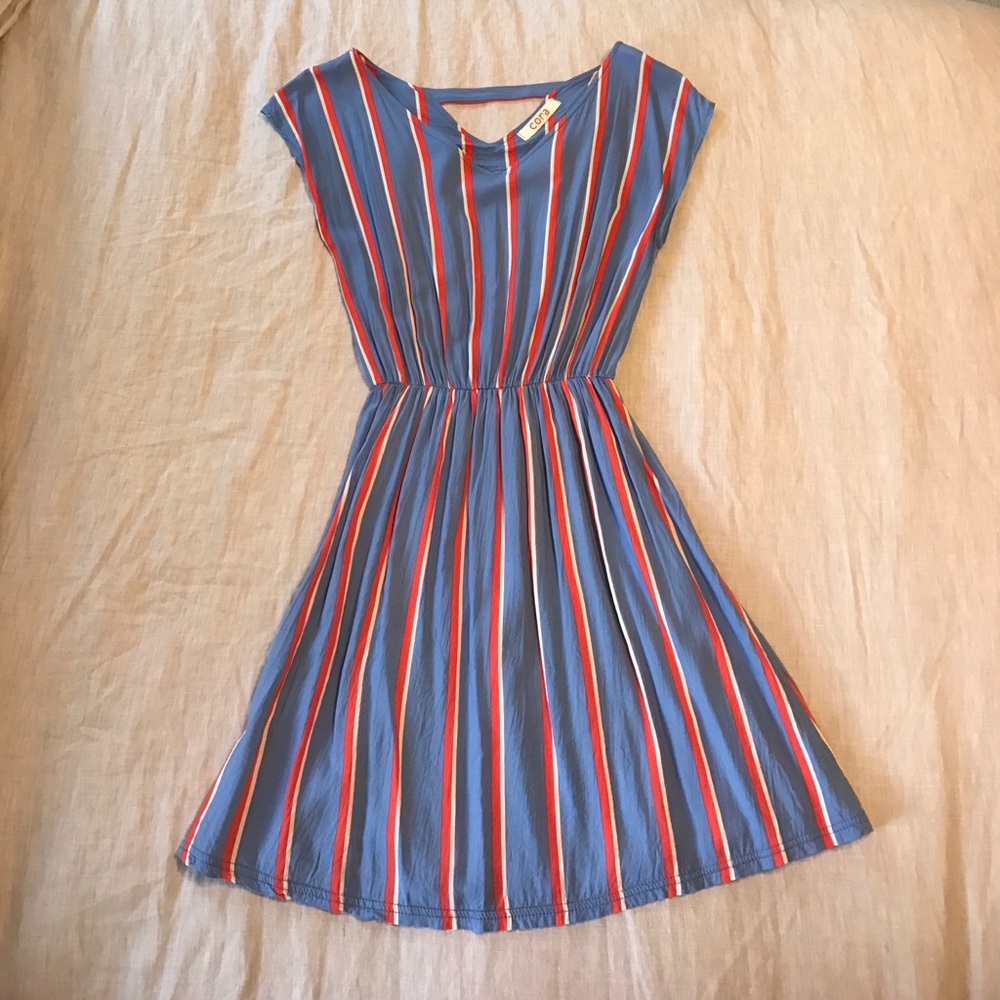 Red, white, and blue striped dress.