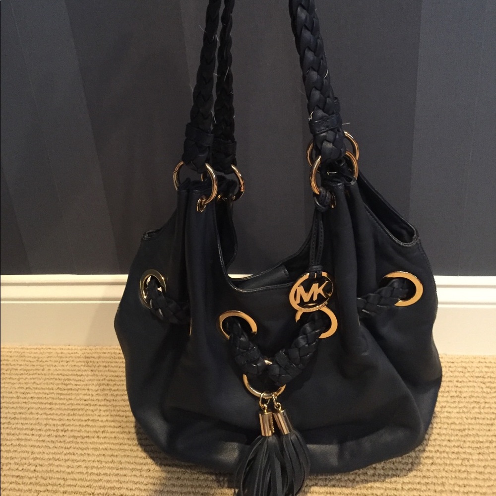 Navy leather Michael Kors hobo bag with tassels