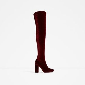 Zara Red Velvet Over the Knee Boots