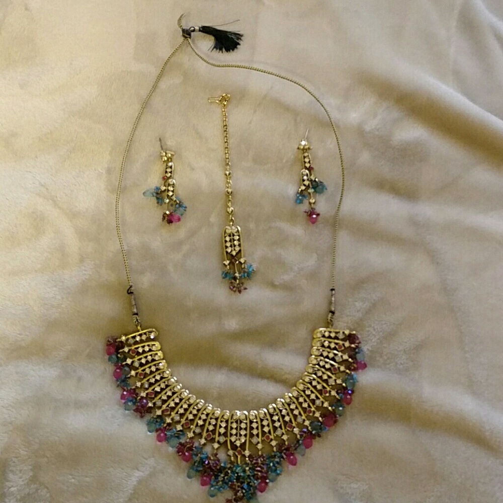 Indian gold, pink and blue necklace set
