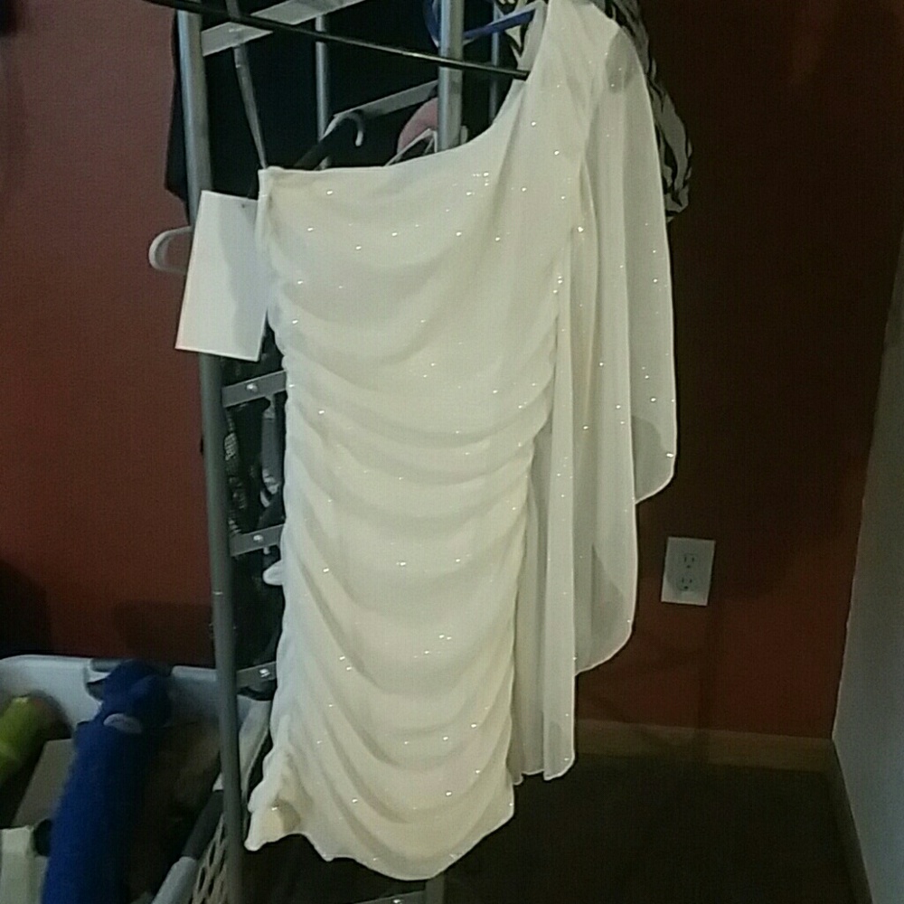 One shoulder sparkly white dress
