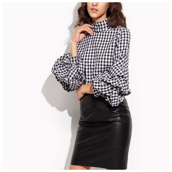 Ruffle Sleeve Linen Texture Check Top D40 - Picture 2 of 4