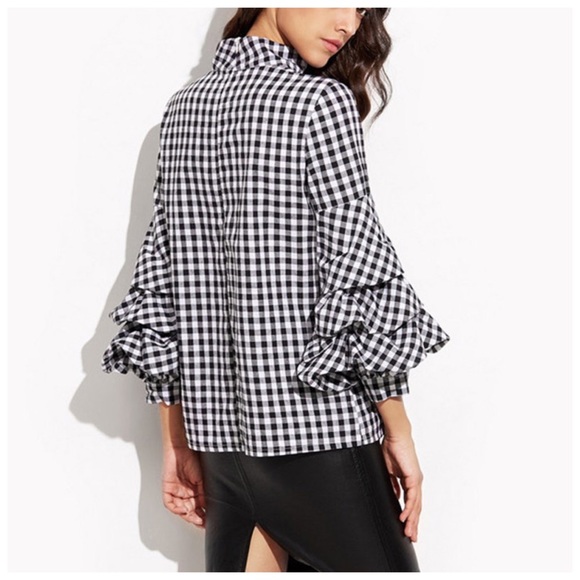 Ruffle Sleeve Linen Texture Check Top D40 - Picture 3 of 4