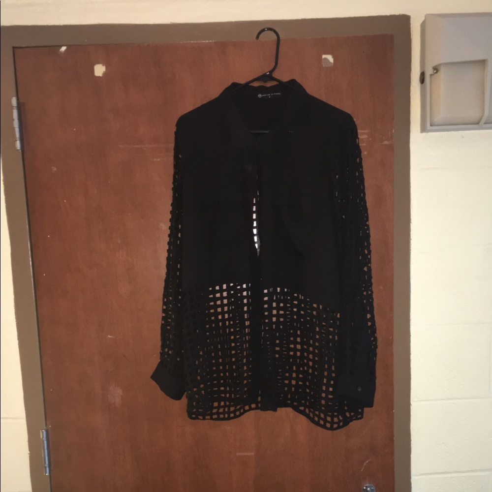Netted black button down