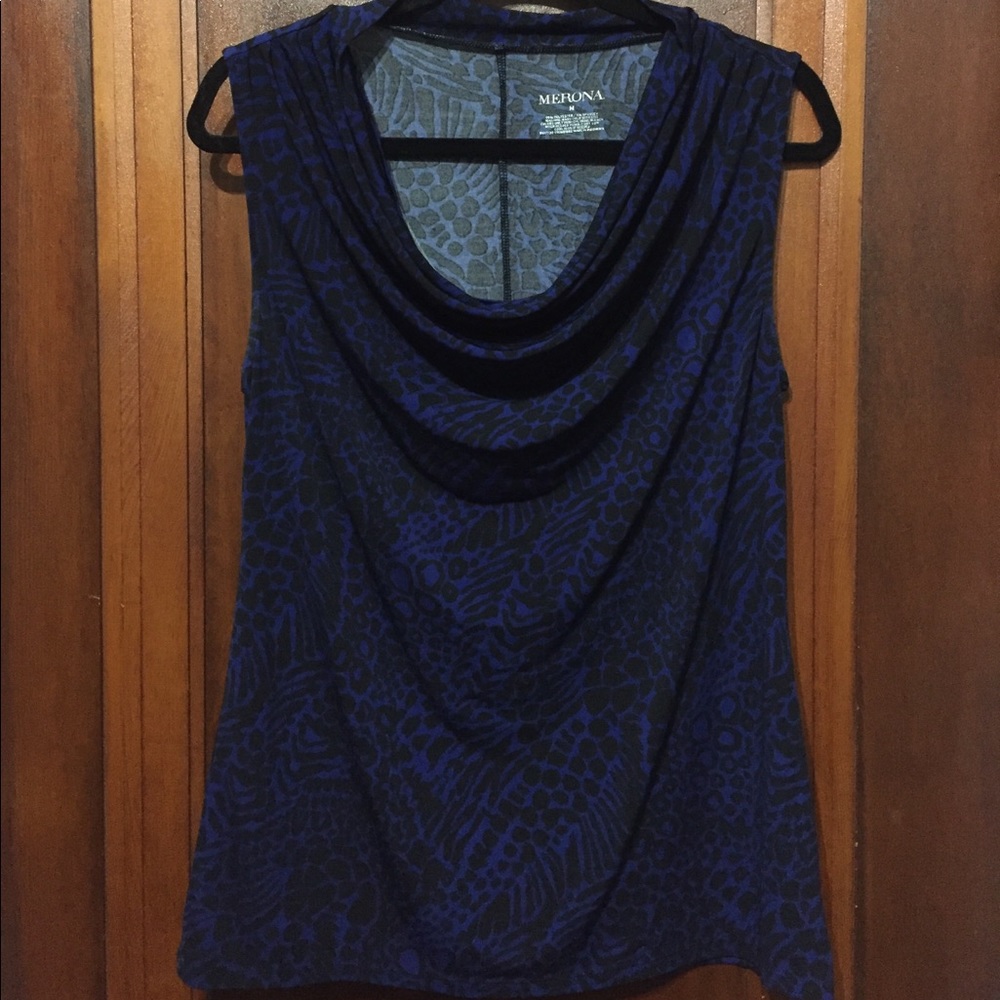 Black and blue draped neckline sleeveless top