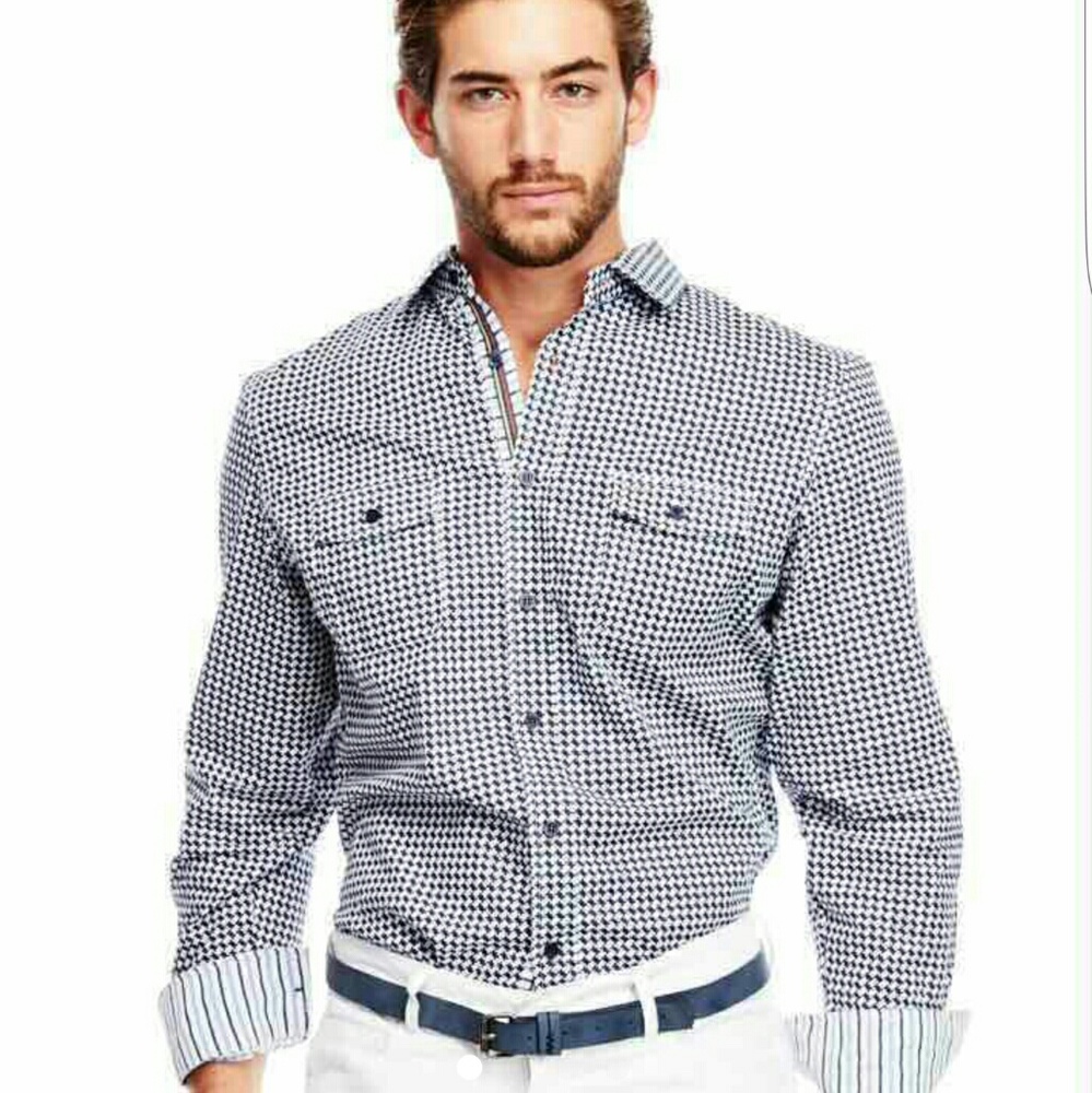 Men's Casual Slim Fit Grey Tile Block Print Button - Picture 2 of 6